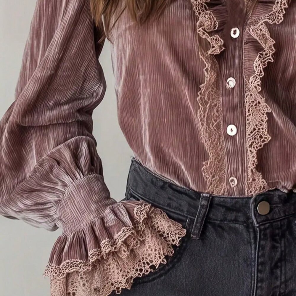 Dusty Pink Elegant Women's Velvet Blouse - Picture 3 of 8